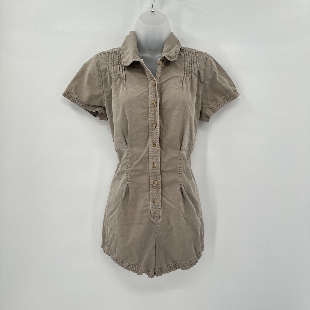 Free People XS Taupe Utility Romper Button Front Boho Safari‎ Festival Summer